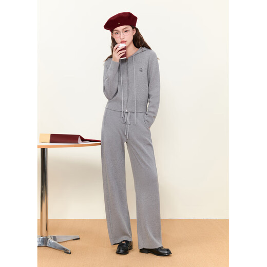 Zihan (ZIHAN) Zihan gray simple hooded zipper knitted cardigan straight wide-leg pants two-piece suit for women 2024 winter new style gray XL
