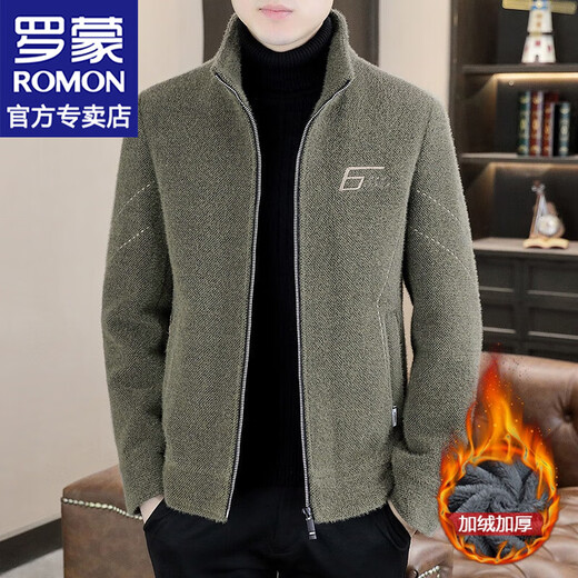 Romon stand collar jacket for men in autumn and winter new style plus velvet thickened warm casual wool jacket embroidered top men's clothing 6629 black 2XL