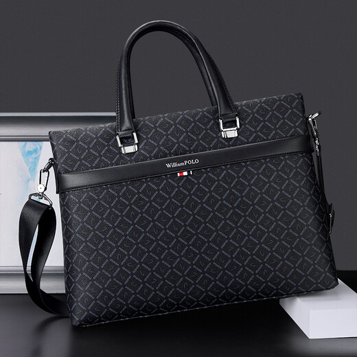 WILLIAMPOLO Men's Gift Business Briefcase Men's Handbag Large Capacity Business Men's Bag 14-inch Computer Bag Fashion Trend Black Plaid (37.8*27.5cm) 14-inch