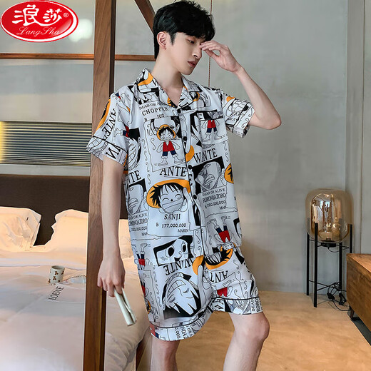 Langsha Youth Ice Seide Pyjamas Herren Sommer Dünne Kurzarmshorts 2025 Neuer Sommer-Hausanzug Set High-End (BBA) Ice Seiden G723 XL (Vorgeschlagene Größe 175, Gewicht 130