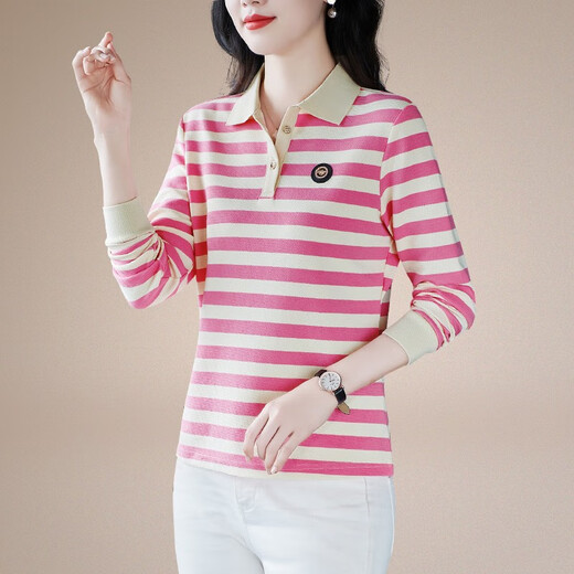 Fangluyu long-sleeved T-shirt for women in spring and autumn new middle-aged mother high-end cotton lapel POLO shirt casual T-shirt loose T-shirt 6636 black and white one size XL recommended to wear 110-119Jin [Jin equals 0.5 kg]