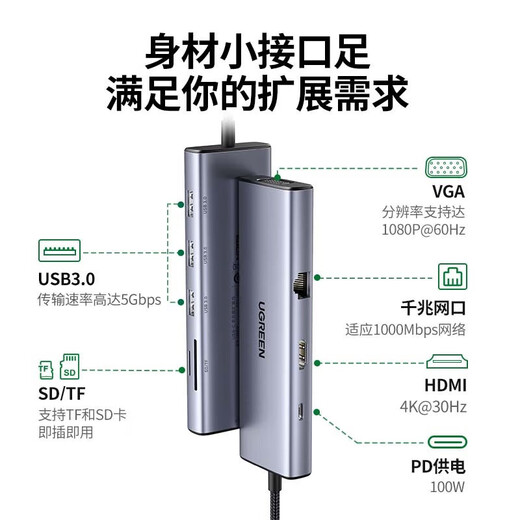 Type-C拓展坞雷电3/4扩展坞USB-C转HDMI分线器转接头 适用MacBoo 10合1HDMI+VGA+网卡+音频15601