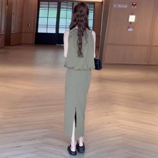 JTKW2024 new niche hot girl outfit with temperament sleeveless neck halter French simple and fashionable waist-hugging two-piece set [3895#] Green S suggested that 95Jin [Jin equals 0.5 kg] less
