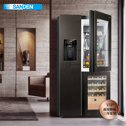 SANDEN Japan Sanden 540L T-shaped high-end glass first-class dual-frequency air-cooled commercial president refrigerator office home ice bar red wine cabinet fully automatic ice machine refrigerator BCD-540BTZG fully automatic ice machine + wine cabinet log brown