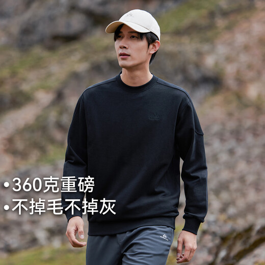 Pioneer Camp Spring and Autumn Round Neck Sweater Men's Loose Cotton Long Sleeve Top Solid Color Simple Embroidered Pullover Winter Warmth Heavy Terry - Black XL