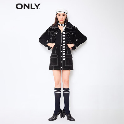 ONLY秋冬时尚百搭短款翻领直筒夹克皮衣女|123310004 E03 乌黑 S 160/80A