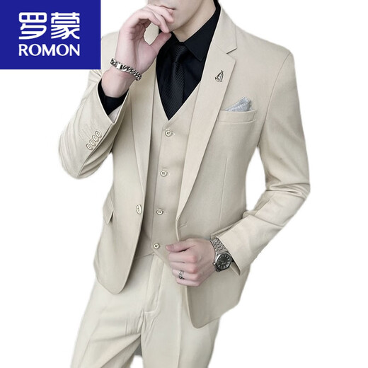ROMON suit men's three-piece Korean style business casual suit groomsmen groomsmen wedding dress professional formal suit blue one-piece suit tie, belt XL