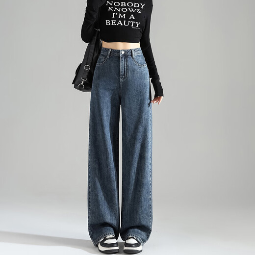 TonLion 2024 women's jeans dark denim plus velvet straight pants dark denim blue 29