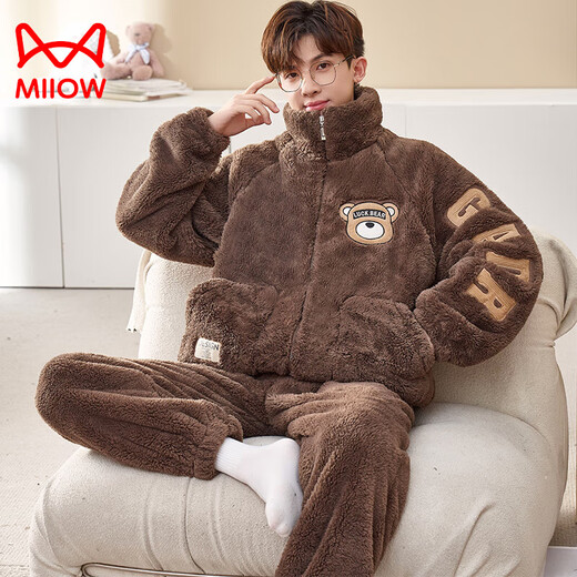Catman (MiiOW) coral velvet pajamas for men autumn and winter style plus velvet thickened teenagers plus size flannel home clothing set winter XQ velvet 9934 M [small]] Recommended height about 155CM, body