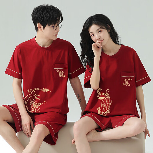 LangSha couple pajamas summer pure cotton one man and one woman red festive short-sleeved shorts high-end wedding boxed home clothes 7018 dragon and phoenix in auspiciousness female M + male L