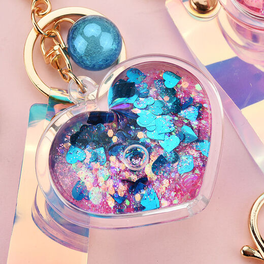 
School bag hanging chain for women creative acrylic into oil bottle quicksand love keychain glitter pink peach heart women Korean cute jewelry pink + fantasy beads + short fantasy color rope quicksand love heart