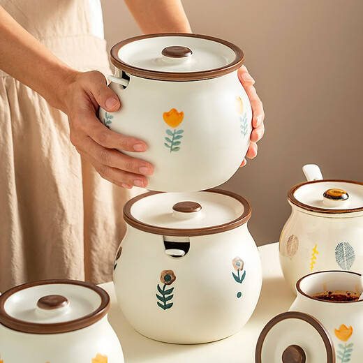 Onlycook lard jar ceramic high temperature resistant household chili oil jar with lid and spoon oil chili jar oil storage tank chili jar old-fashioned small yellow flower model (420ml with lid and small spoon)