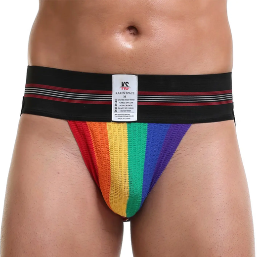 Men's sports underwear sexy hip lifting double thong wide belt hip lifting back empty thong for men rainbow color XL
