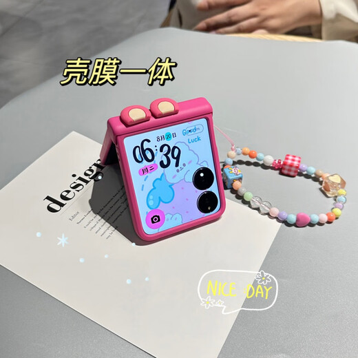 迅炫适用小米mixflip手机壳带挂绳新款铰链全包保护壳荣耀magicvflip折叠屏中轴腕带壳膜一体可爱保护 玫红耳朵+带手链【无钢化膜】 中轴全包 小米MIX Flip