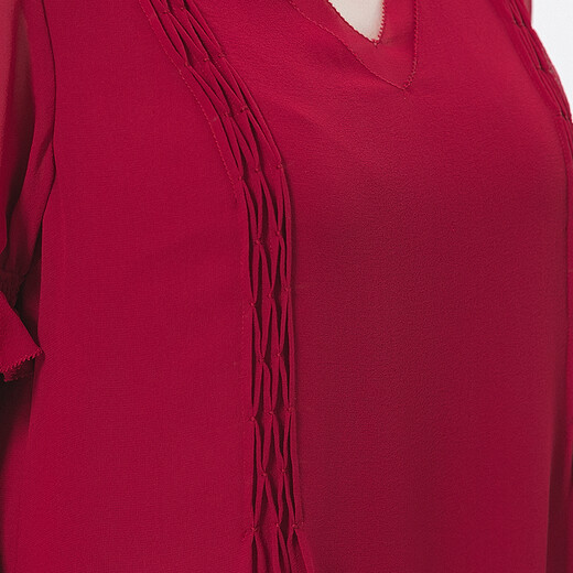 
VOA silk georgette V-neck puff sleeve black ear pleated double-layer asymmetric hem loose T-shirt BE673 Huanxi Sha - burgundy (H38) XL