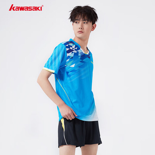 kawasaki川崎专业羽毛球服男款运动短袖T恤V领速干K1002 蓝色 XL 