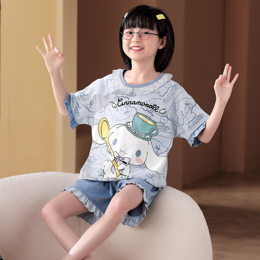 曼妮朵夏季儿童库洛米睡衣薄款卡通套装小女孩纯棉短袖女大童家居服全棉 M6636女【双短】 130cm 14码建议125-135cm