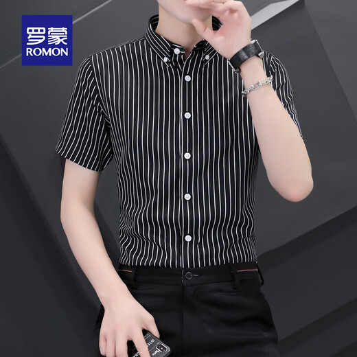 
Romon ice silk short-sleeved shirt men's summer cool feeling, no ironing, anti-wrinkle business casual slim half-sleeved shirt top white thin strip XL