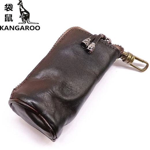 袋鼠（KANGAROO）精致新款头层牛皮复古做旧钥匙包男士大容量腰挂做旧牛皮钥匙包 黑色
