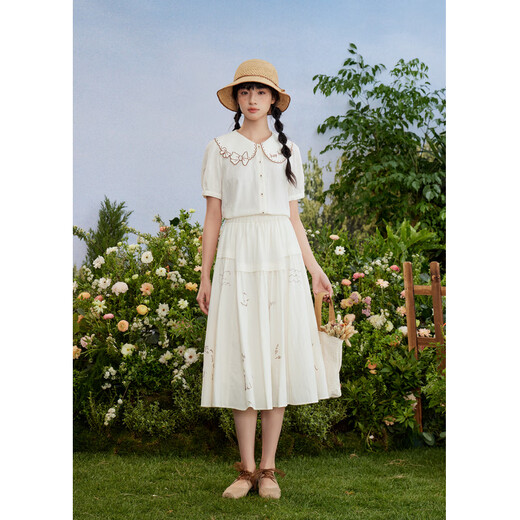 Zihan (ZIHAN) Zihan special-shaped lapel shirt embroidered skirt suit women's summer forest-style design two-piece set Mijin S