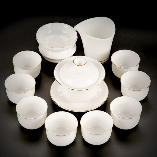 Yuantao kiln gold mutton fat jade kung fu tea set high-end Dehua white porcelain household complete set teapot covered bowl tea cup covered bowl big belly cup painted gold/safety packaging 12 pieces