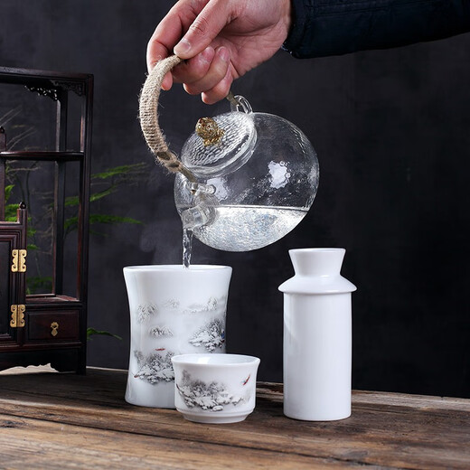 Jiulou Pavilion Jingdezhen high white ceramic old-fashioned rice wine scalding pot ancient Chinese wine warmer wine set 3 pieces of snow scenery standard = 1 pot 1 liner 1 wine glass