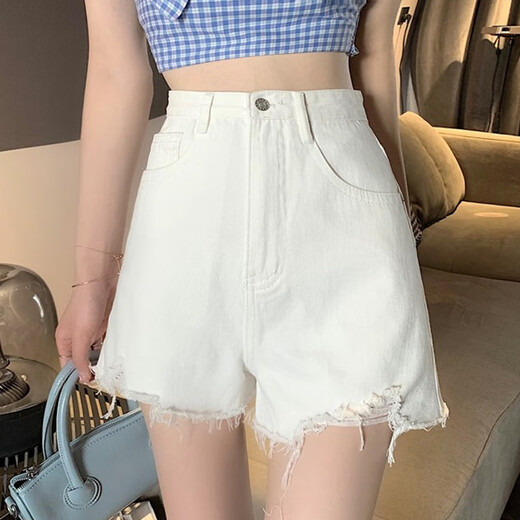 Miao Yijia denim shorts for hot girls, summer new super shorts for outer wear, wide-legged, high-waisted, raw edges for women, versatile, ripped denim shorts, white M, recommended 95-105Jin Jin is equal to 0.5kg