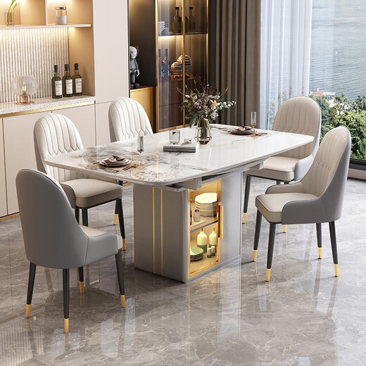 Table à manger de nid de matin Luxury Luxury Simple Rock Slal Table à manger et chaise combinaison Table à manger rétractable Small and Medium Apartment Rangement Meubles à manger 9 mm Bright - # 699 STYLE DE CHAISE 1,4m une table et quatre chaises