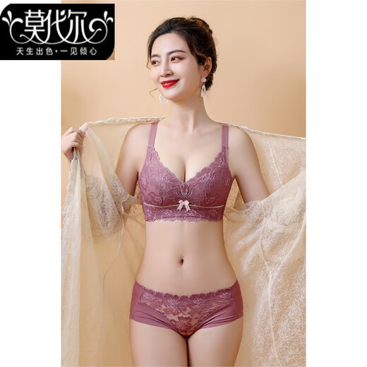 Modal bra for women without wires, comfortable four-breasted small breast push-up bra, anti-sagging bra, lace latex bra set, purple set 75A 34A