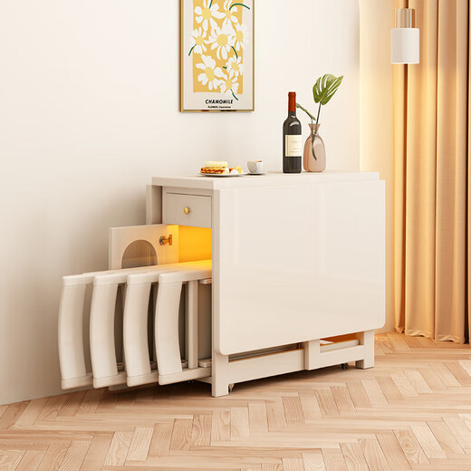 Senneng solid wood folding dining table cream style movable small-sized home Nordic retractable multi-functional dining table side cabinet 1.2 meters solid wood folding dining table + folding chairs *4