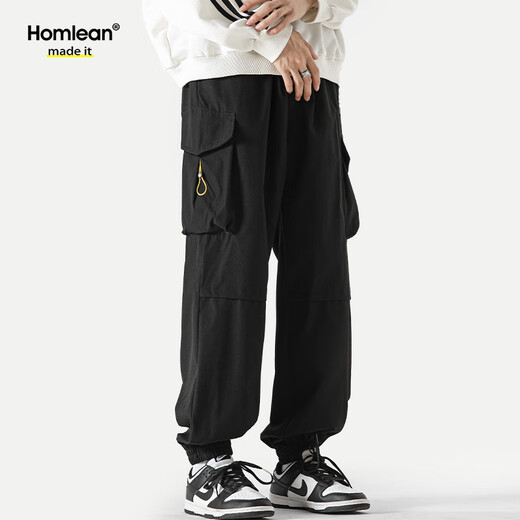 Homlean伞兵工装裤男春夏宽松街头百搭束脚运动休闲长裤子2227黑色XL