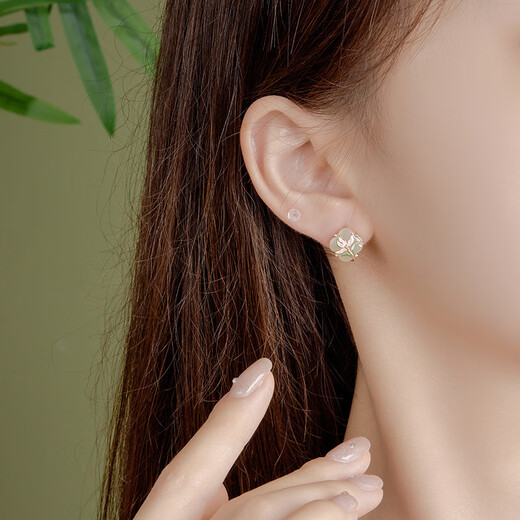 Jianlu Orchid Four-leaf Clover Hotan Jade Silver Earrings Feminine Earrings Jewelry Mother's Birthday New Year's Gift for Mom