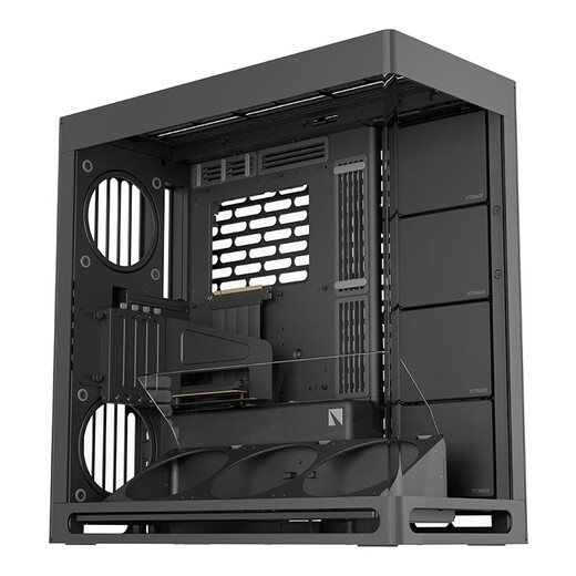 Das schwarze Zimmergehäuse HAVN HS420 VGPU mit Meerblick wird mit einem vertikalen Grafikkarten-Kit, gebogenem Glas, magnetischem Panel, maximaler Unterstützung für E-ATX-Motherboards und 420-mm-Wasserkühlung geliefert