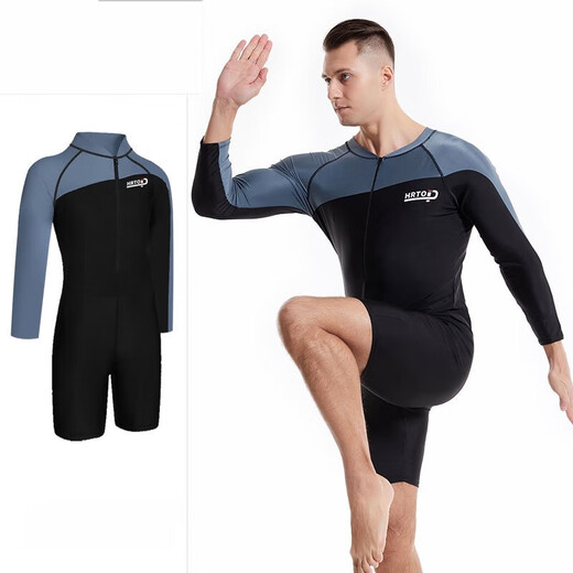 Luo Huodou swimsuit men's one-piece boxer one-piece swimsuit short-sleeved boxer sun protection quick-drying surfing suit snorkeling wetsuit black gray XL (110-130Jin Jin equals 0.5 kg)