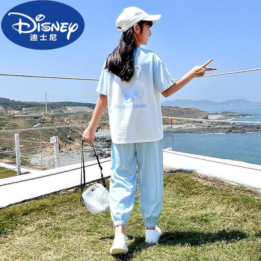 迪士尼（Disney）2024新款套装夏装女童休闲运动服女大童儿童夏季短袖时髦洋气童装 5671撞色+9731紫色(无鞋) 120 cm