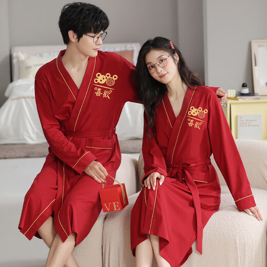 浪莎（LangSha）红色结婚情侣睡袍一男一女纯棉喜庆新婚睡衣浴袍家居服高档礼盒装 9922【礼盒装】 女L+男XL