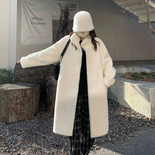 Gu Bing simulated fur coat for women winter imitation mink coat thickened loose lamb fur one-piece mid-length milk white [self-priming buckle] L [130-150Jin [Jin equals 0.5 kg]]