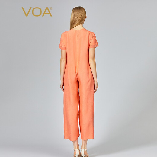 VOA jacquard crown crepe round neck short sleeve ruffle fashionable age-reducing loose straight mulberry silk jumpsuit KE688 Qinyuan Pink Orange (F49) XL