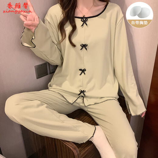 香雅馨带胸垫睡衣女款春秋季新款公主风甜美长袖冬天薄绒保暖家居服套装 1105米白色 XXL码130-145斤