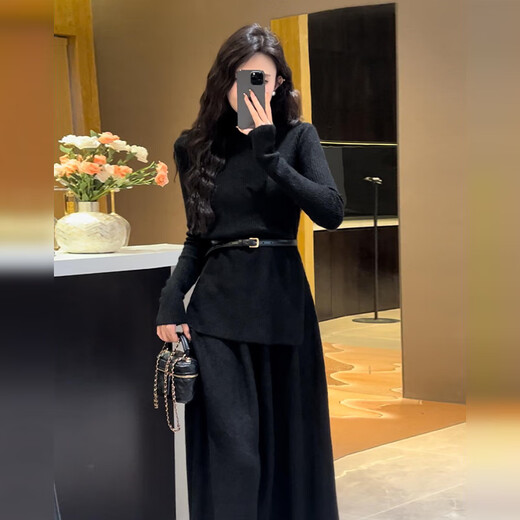 Han Lujiao (hanlujiao) Xiaoxiang Hepburn style knitted dress autumn and winter 2024 new women's clothing into the winter tea style complete set Dark gray suit + free belt One size fits all Recommended 80-130 Jin Jin equals 0.5 kg