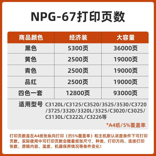 Canon NPG-67 Cartridge de toner d'origine Achat C3020 / 3120L / 3520 / 3125/3720 CARTRIDE DU TONER CANDERSION CARTRIDE NPG-67: Blue / Cyan Economical Package (Black 5300 Pages / Patch; Couleur 2500 pages / patch)