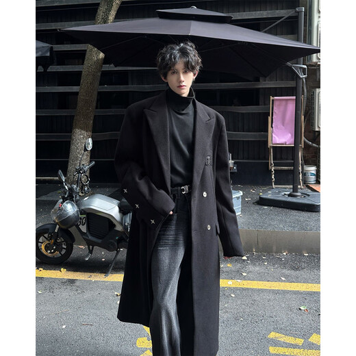 NEW OR MODE British style long lapel woolen coat men's autumn and winter new style versatile rivets high-end loose trendy brand coat black L