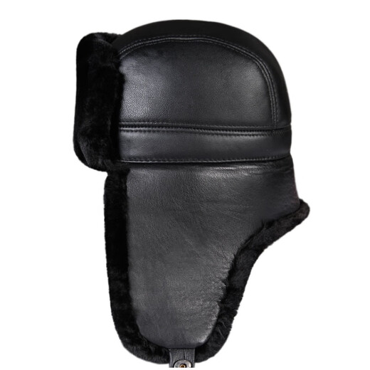Aushan genuine leather warm ear protection hat for middle-aged and elderly men in winter, father, old man, old man cotton hat, grandpa Lei Feng hat plus velvet, first layer sheepskin - black L (head circumference 55-56cm)