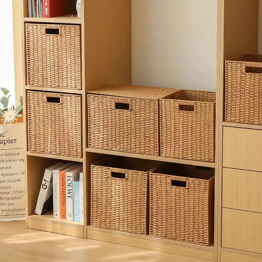 Sorachi lattice cabinet woven storage basket household imitation rattan storage box storage box cabinet clothing and sundries organizing storage box beige with lid and lining 38*26*24 foldable