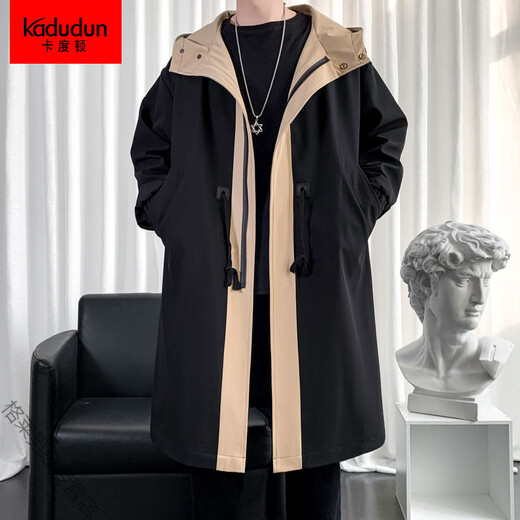 Kaduton Spring and Autumn Long Knee Windbreaker Men's Hooded Korean Large Size Loose Contrast Color Spliced ​​Jacket Men's Coat Trendy Cloak Black Spring and Autumn Style 2XL (Recommended 155-180Jin Jin is equal to about 0.5 kg)