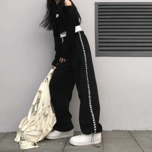 High Street Sportshosen für Frauenstudenten schwarze Binde-Big-Hose losen hohe Taille schlampig Fett M-Breitenbeine (723 Schlitzhosen) 4xl 170-200jin [Jin entspricht 0,5 kg]