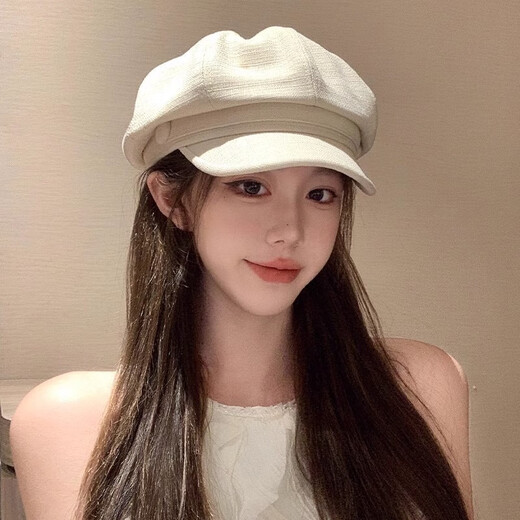 Lurang Song Octagonal Beret Hat Women's 2025 New Autumn and Winter Big Head Circumference White Versatile Face Showing Small Retro Newsboy Painter Hat CD079 Beret Octagonal Hat Beige One Size (54-58cm)