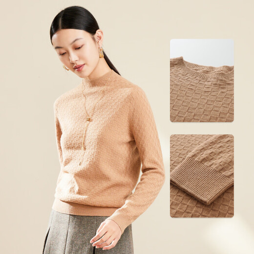 Chunzhu 100% sheep wool loose 3D plaid temperament slimming half turtleneck sweater base basic sweater women's top apricot color XXL/110