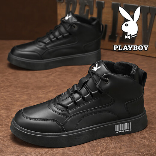 Playboy Shoes Men's Shoes 2025 New High Top Autumn and Winter Velvet Business Leather Shoes Men's Martin Boots Sports and Leisure Shoes Black 41