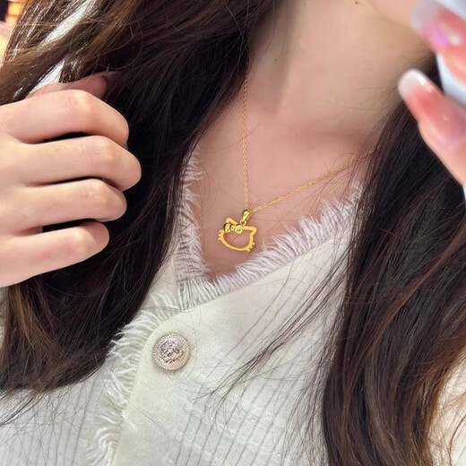 Jingyuelong Pure Gold 999 Hello Kitty Pendant Gold KT Cat Frame Bow Pendant Women's Necklace as a Gift for Girlfriend Gold Light Small Hollow Cat Approximately 0.23-0.28g+S925 Necklace